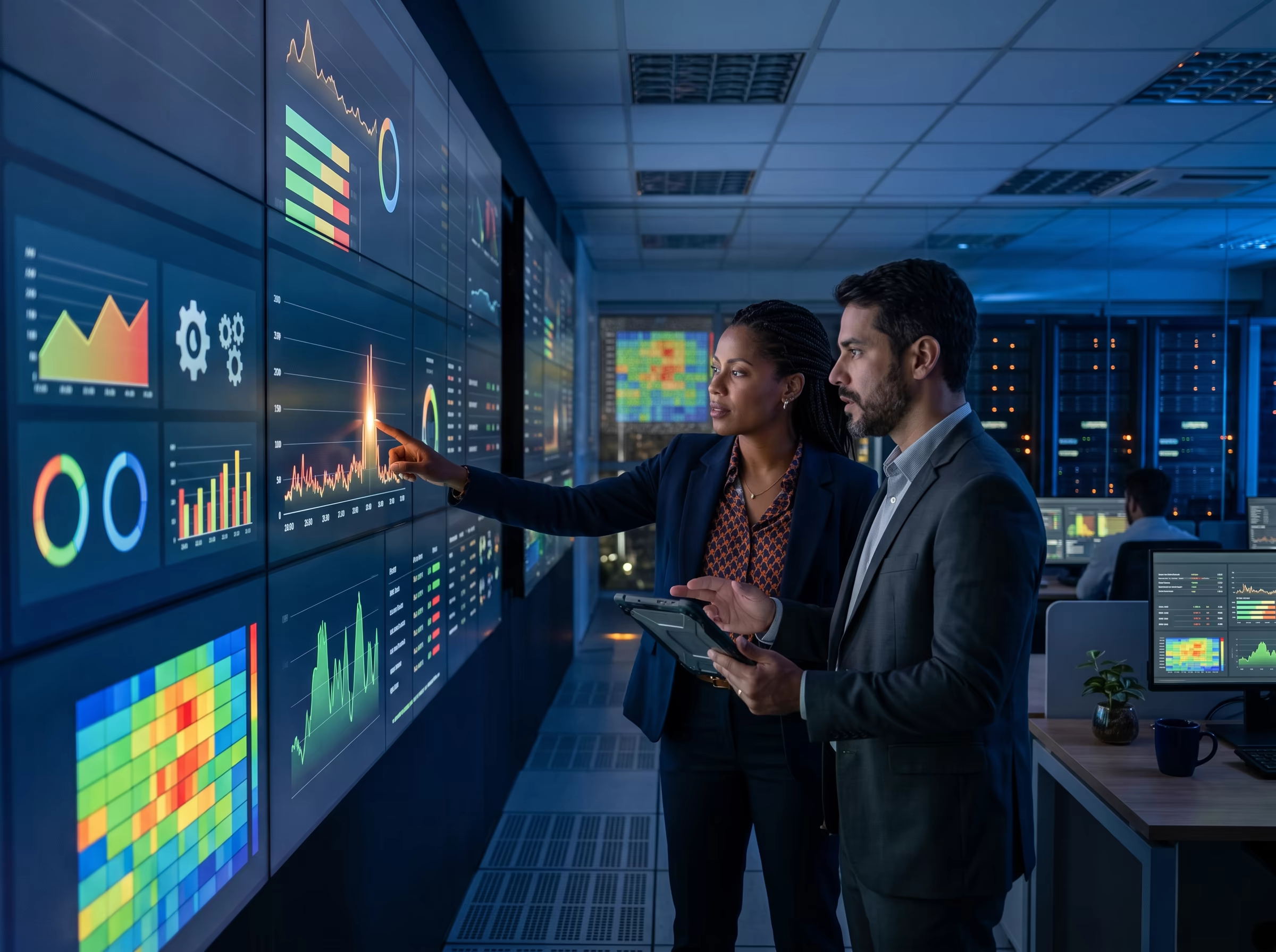 Equipe de tecnologia monitorando a infraestrutura de dados